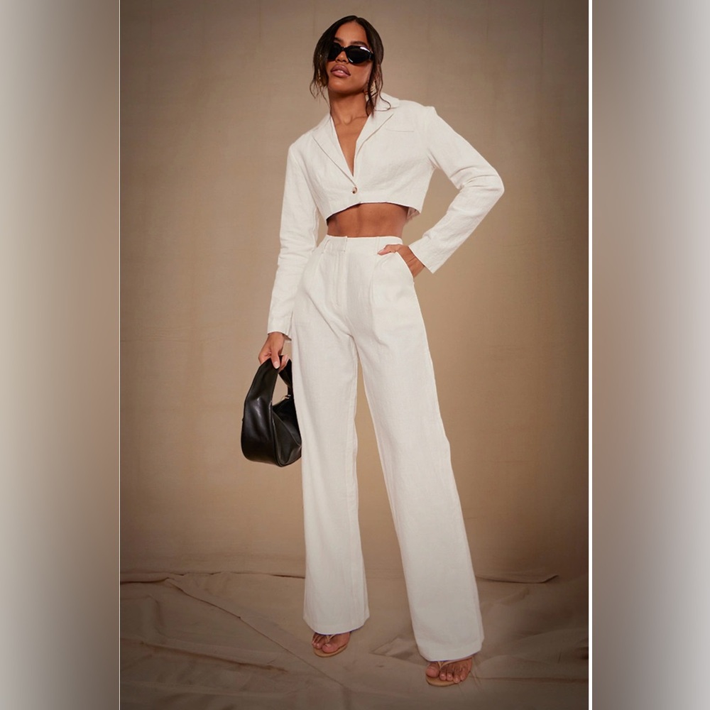 Cropped Button-Front Jacket & Wide-Leg Pants Set - White